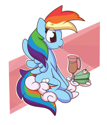 Size: 1700x1980 | Tagged: safe, artist:hedgehog-plant, imported from derpibooru, rainbow dash, pegasus, pony, abstract background, cake, cloud, cup, cute, dashabetes, female, food, mare, on a cloud, sitting, smiling, solo, spread wings, tongue out, wings