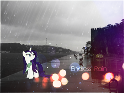 Size: 1200x900 | Tagged: safe, artist:kamikazelenna, artist:kolat uktan, artist:metalliclenneth, imported from derpibooru, rarity, bench, car, city, clothes, hill, irl, photo, ponies in real life, power line, rain, scarf, solo, vector, wet, wet mane, wet mane rarity