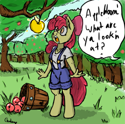 Size: 1205x1200 | Tagged: safe, artist:charlemage, artist:jimmyjamno1, imported from derpibooru, apple bloom, applejack, anthro, unguligrade anthro, apple, bucket, clothes, food, golden apple, offscreen character, orchard, overalls, shirt, shocked, t-shirt