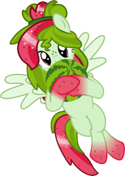 Size: 4000x5640 | Tagged: safe, artist:pilot231, imported from derpibooru, oc, oc only, oc:watermelana, pony, food, freckles, gradient hooves, hug, looking at you, on back, simple background, solo, transparent background, vector, watermelon