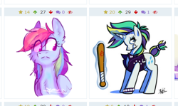 Size: 520x309 | Tagged: safe, imported from derpibooru, rainbow dash, rarity, pegasus, pony, unicorn, derpibooru, it isn't the mane thing about you, alternate hairstyle, baseball bat, female, juxtaposition, levitation, magic, mare, meta, punk, raripunk, telekinesis