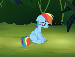 Size: 720x540 | Tagged: safe, imported from derpibooru, screencap, rainbow dash, daring don't, cropped, female, floppy ears, frown, guilty, sad, sitting, solo