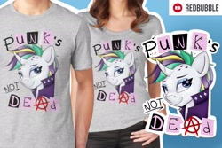 Size: 2048x1365 | Tagged: safe, alternate version, artist:partylikeanartist, imported from derpibooru, rarity, human, it isn't the mane thing about you, advertisement, alternate clothes, alternate costumes, alternate hairstyle, bust, clothes, design, female, punk, raripunk, redbubble, shirt, shirt design, solo