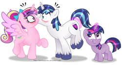 Size: 1600x856 | Tagged: safe, artist:aleximusprime, imported from derpibooru, princess cadance, shining armor, twilight sparkle, alicorn, pony, unicorn, and that's how flurry heart was made, blushing, embarrassed, female, filly, filly twilight sparkle, forced kiss, kiss on the lips, kissing, lip bite, looking at each other, magic, male, mare, now kiss, shiningcadance, shipper on deck, shipping, simple background, smiling, stallion, straight, surprise kiss, telekinesis, trio, twilight the shipper