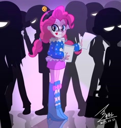 Size: 900x949 | Tagged: safe, artist:bluse, imported from derpibooru, pinkie pie, equestria girls, alternate hairstyle, boots, clothes, clown, female, high heel boots, makeup, paper, ruff (clothing), sad, sad clown, shoes, show accurate, silhouette, skirt