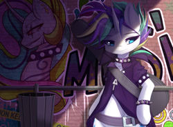 Size: 1900x1400 | Tagged: safe, artist:togeticisa, imported from derpibooru, rarity, anthro, it isn't the mane thing about you, alley, alleyway, alternate hairstyle, belt, bipedal, bracelet, clothes, collar, female, graffiti, guitar, jacket, jewelry, leaning back, mare, punk, raripunk, short hair, smiling, solo, trash can