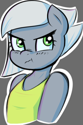 Size: 688x1031 | Tagged: safe, artist:funble, imported from derpibooru, limestone pie, anthro, earth pony, unguligrade anthro, bust, clothes, female, gray background, grumpy, limetsun pie, mare, nose wrinkle, scrunchy face, simple background, solo, tsundere