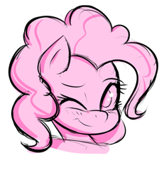 Size: 1099x1188 | Tagged: safe, artist:funble, imported from derpibooru, pinkie pie, bust, cute, diapinkes, female, head only, monochrome, one eye closed, portrait, simple background, solo, white background, wink