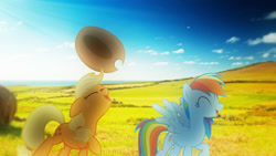 Size: 1920x1080 | Tagged: safe, artist:cloudbringerart, imported from derpibooru, applejack, rainbow dash, earth pony, pegasus, pony, backlighting, female, field, grass field, happy, hay bale, irl, mare, photo, ponies in real life, wallpaper