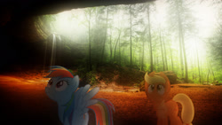 Size: 1920x1080 | Tagged: safe, artist:cloudbringerart, imported from derpibooru, applejack, rainbow dash, pony, female, forest, irl, photo, ponies in real life, wallpaper, waterfall