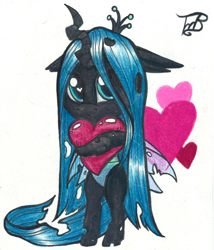 Size: 1500x1756 | Tagged: safe, artist:tillie-tmb, imported from derpibooru, queen chrysalis, changeling, changeling queen, bipedal, chibi, crown, cute, cutealis, female, heart, heart pillow, jewelry, pillow, regalia, solo, traditional art