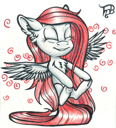 Size: 1550x1702 | Tagged: safe, artist:tillie-tmb, imported from derpibooru, oc, oc only, oc:red, pegasus, pony, chibi, eyes closed, female, mare, solo, traditional art