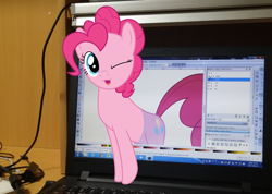 Size: 2983x2122 | Tagged: safe, artist:camo-pony, imported from derpibooru, pinkie pie, :3, computer, fourth wall, fourth wall destruction, irl, laptop computer, microsoft windows, photo, ponies in real life, solo, windows, windows 7