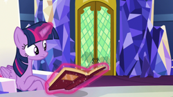 Size: 1280x720 | Tagged: safe, imported from derpibooru, screencap, twilight sparkle, alicorn, pony, not asking for trouble, book, female, magic, mare, prone, solo, twilight sparkle (alicorn), twilight's castle