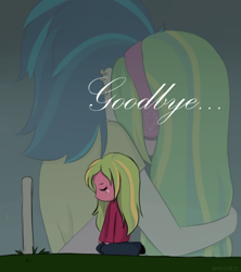 Size: 800x900 | Tagged: safe, artist:electricshine, imported from derpibooru, indigo zap, lemon zest, equestria girls, friendship games, crying, death, eyes closed, female, grave, hug, kneeling, mourning, sad