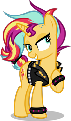 Size: 4000x6803 | Tagged: safe, artist:orin331, imported from derpibooru, sunset shimmer, pony, unicorn, absurd resolution, alternate hairstyle, bracelet, clothes, female, jacket, jewelry, leather jacket, mare, multicolored hair, punk, raised hoof, simple background, solo, spiked wristband, spikes, sunset shimmer day, transparent background, wristband