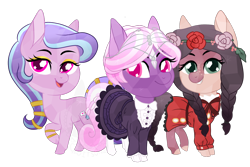 Size: 1132x754 | Tagged: safe, artist:koitsune, imported from derpibooru, oc, oc only, oc:dahlia, oc:ophelia, oc:succulent scent, crystal pony, pony, chibi, circlet, clothes, dress, eyeshadow, female, flower, flower in hair, jewelry, lolita fashion, looking at you, makeup, mare, stockings, thigh highs, trio, twins