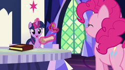 Size: 1280x720 | Tagged: safe, imported from derpibooru, screencap, pinkie pie, twilight sparkle, alicorn, pony, not asking for trouble, happy, magic, scroll, twilight sparkle (alicorn), twilight's castle