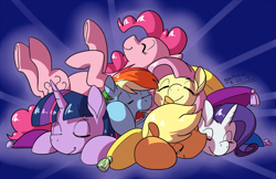 Size: 1000x647 | Tagged: safe, artist:goat train, imported from derpibooru, applejack, fluttershy, pinkie pie, rainbow dash, rarity, twilight sparkle, earth pony, pegasus, pony, unicorn, cuddle puddle, cuddling, female, mane six, mare, pony pile, sleeping, smiling