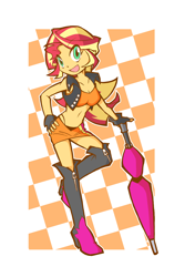 Size: 800x1200 | Tagged: safe, artist:rvceric, imported from derpibooru, sunset shimmer, equestria girls, adorasexy, alternate clothes, alternate costumes, boots, breasts, cleavage, clothes, cute, female, fingerless gloves, gloves, high heel boots, looking at you, miniskirt, race queen, sexy, shimmerbetes, shoes, skirt, smiling, solo, thigh boots, umbrella