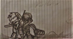 Size: 585x315 | Tagged: safe, artist:fanliterature101, imported from derpibooru, oc, oc only, oc:century note, oc:littlepip, pony, unicorn, fallout equestria, clothes, fanfic, fanfic art, far harbor, female, gun, handgun, heavy metal armor, horn, jet powered sledge hammer, jumpsuit, lined paper, mare, monochrome, ncr ranger, pipbuck, revolver, traditional art, vault suit