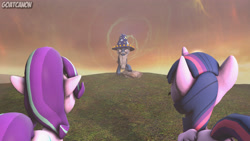 Size: 3840x2160 | Tagged: safe, artist:goatcanon, imported from derpibooru, star swirl the bearded, starlight glimmer, twilight sparkle, twilight sparkle (alicorn), alicorn, season 7, shadow play, 3d, portal, prediction, source filmmaker
