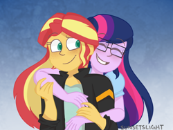 Size: 572x430 | Tagged: dead source, safe, artist:sunsetslight, imported from derpibooru, sci-twi, sunset shimmer, twilight sparkle, equestria girls, blushing, duo, eyes closed, female, glasses, hug, lesbian, scitwishimmer, shipping, smiling, sunsetsparkle