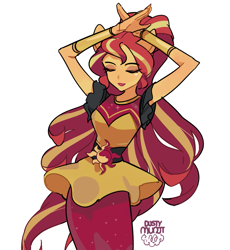 Size: 821x893 | Tagged: safe, artist:dusty-munji, imported from derpibooru, sunset shimmer, dance magic, equestria girls, spoiler:eqg specials, clothes, dress, eyes closed, female, flamenco dress, ponied up, ponytail, simple background, solo, sunset shimmer flamenco dress, white background