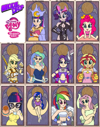 Size: 2051x2616 | Tagged: safe, derpibooru exclusive, imported from derpibooru, applejack, fluttershy, pinkie pie, princess celestia, princess luna, rainbow dash, rarity, sci-twi, starlight glimmer, sunset shimmer, twilight sparkle, equestria girls, bandeau, belly button, breasts, cleavage, clothes, crossover, death, dress, empress, fortune, high priestess, judgement, justice, justitia, lady justice (goddess), magical drop, mane six, midriff, moon, scales of justice, stars, tarot card, temperance, the world, world