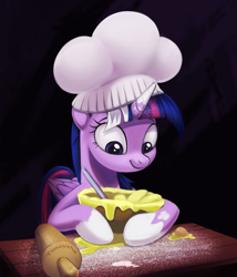 Size: 1181x1382 | Tagged: safe, artist:taneysha, imported from derpibooru, twilight sparkle, alicorn, pony, a health of information, adorkable, baking, batter, bowl, chef's hat, cute, dork, female, hat, mare, rolling pin, scene interpretation, smiling, solo, toque, twiabetes, twilight sparkle (alicorn)