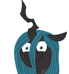 Size: 1400x1495 | Tagged: source needed, safe, artist:denchik, imported from derpibooru, queen chrysalis, changeling, changeling queen, adoracreepy, adorkable, creepy, cute, cutealis, dork, female, rapeface, shrunken pupils, simple background, smiling, white background