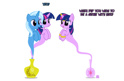 Size: 1048x684 | Tagged: safe, artist:navitaserussirus, imported from derpibooru, trixie, twilight sparkle, genie, pony, unicorn, female, lesbian, mare, self paradox, shipping, simple background, twixie, white background