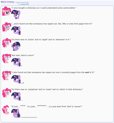 Size: 871x933 | Tagged: safe, artist:dziadek1990, imported from derpibooru, pinkie pie, twilight sparkle, bad joke, bad joke face, conversation, dictionary, emote story, emotes, facehoof, joke, listening, monologue, pun, reaction, reddit, slice of life, text, vandalism, word play, wordplay