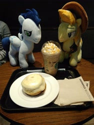 Size: 3120x4160 | Tagged: safe, imported from derpibooru, braeburn, soarin', earth pony, pegasus, pony, cinnamon bun, food, frappuccino, gay, irl, male, napkin, photo, plate, plushie, shipping, soarburn, starbucks