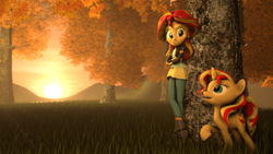 Size: 1920x1080 | Tagged: safe, artist:jarg1994, imported from derpibooru, sunset shimmer, pony, unicorn, equestria girls, 3d, autumn, clothes, crossed arms, female, human ponidox, jacket, leaning, looking at each other, mare, raised hoof, scenery, self ponidox, shirt, source filmmaker, sunset, sunset shimmer day, tree