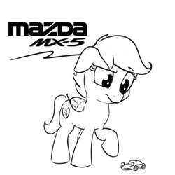 Size: 1200x1200 | Tagged: safe, artist:wenni, imported from derpibooru, scootaloo, pony, black and white, car, confused, female, filly, grayscale, mazda mx5, monochrome, raised hoof, simple background, sketch, solo, white background