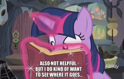 Size: 960x610 | Tagged: safe, edit, edited screencap, imported from derpibooru, screencap, twilight sparkle, alicorn, a health of information, book, implied shipping, shiplight sparkle, shipper on deck, twilight sparkle (alicorn), twilight the shipper