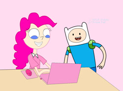 Size: 1024x753 | Tagged: safe, artist:04startycornonline88, imported from derpibooru, pinkie pie, human, adventure time, computer, crossover, duo, finn the human, humanized, laptop computer