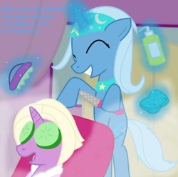Size: 800x793 | Tagged: safe, artist:dazed-and-wandering, imported from derpibooru, trixie, twilight sparkle, pony, unicorn, bipedal, cucumber, duo, female, food, lesbian, shipping, spa, spa pony, twixie