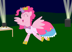 Size: 1024x742 | Tagged: safe, artist:04startycornonline88, imported from derpibooru, pinkie pie, alicorn, alicornified, clothes, crown, dress, female, gala dress, glowing horn, horseshoes, jewelry, pinkiecorn, race swap, regalia, solo, xk-class end-of-the-world scenario