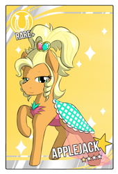 Size: 750x1100 | Tagged: safe, artist:sewlde, imported from derpibooru, applejack, applejewel, clothes, dress, looking at you, raised hoof, simple background