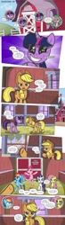 Size: 893x3074 | Tagged: safe, artist:perfectblue97, imported from derpibooru, applejack, fluttershy, pinkie pie, rainbow dash, rarity, spike, twilight sparkle, dragon, earth pony, pegasus, pony, unicorn, comic:shadows of the past, apple, apple tree, bandage, barn, comic, floppy ears, food, mane six, royal guard, sweet apple acres, tree