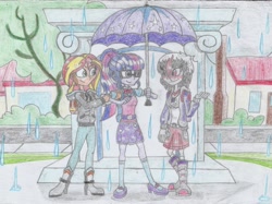 Size: 2353x1757 | Tagged: safe, artist:nephilim rider, imported from derpibooru, sci-twi, sunset shimmer, twilight sparkle, oc, oc:heaven lost, equestria girls, rain, traditional art, umbrella