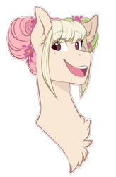 Size: 696x1059 | Tagged: safe, artist:harmoniousrain, deleted from derpibooru, imported from derpibooru, oc, oc only, oc:hanami dango, pony, flower, flower in hair, smiling, solo