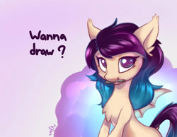 Size: 1180x916 | Tagged: safe, artist:voshi, imported from derpibooru, bat pony, chest fluff, drawing tutorial, fangs, female, mouth hold, pen, solo, tutorial