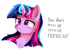 Size: 397x295 | Tagged: safe, artist:aureai-sketches, imported from derpibooru, twilight sparkle, pony, bust, chest fluff, ear fluff, female, lidded eyes, magic, simple background, solo, speech bubble, white background
