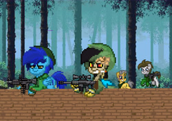 Size: 8598x6047 | Tagged: safe, artist:lettelauren, edit, imported from derpibooru, discord, oc, oc:sharky hooves, pony, pony town, absurd resolution, blunt, bush, cigarette, forest, friend, gritted teeth, gun, hat, lmg, m60, machine gun, military uniform, rifle, sniper rifle, taking cover, tree, vietnam war, war, weapon, yellow sclera