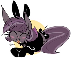 Size: 1200x984 | Tagged: safe, artist:hattsy, imported from derpibooru, oc, oc only, oc:iris, bat pony, blushing, bow, bunny ears, female, heart, prone, solo, tail bow, tongue out