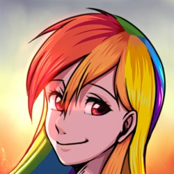 Size: 1150x1150 | Tagged: dead source, safe, artist:鸡三岁, imported from derpibooru, rainbow dash, human, bust, female, humanized, pixiv, portrait