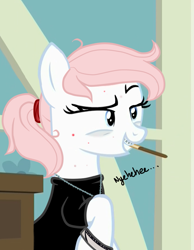 Size: 697x899 | Tagged: safe, artist:/d/non, edit, imported from derpibooru, nurse redheart, oc, oc:anon, earth pony, pony, acne, bags under eyes, bedroom eyes, bracelet, braces, clothes, female, food, implied anon, jewelry, mare, messy mane, necklace, offscreen character, pocky, raised eyebrow, shirt, t-shirt, teenager, young nurse redheart, younger